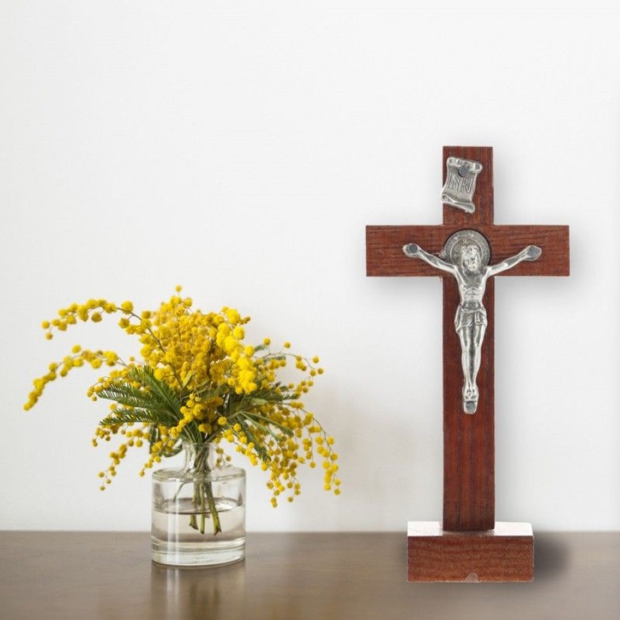 Palais du Rosaire Crucifix Bois | Crucifix Saint Benoit Avec Le Christ Argente 9 Cm