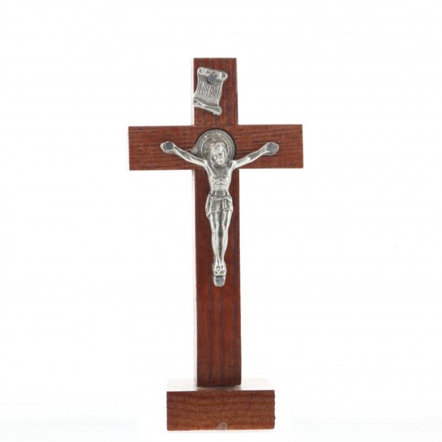 Palais du Rosaire Crucifix Bois | Crucifix Saint Benoit Avec Le Christ Argente 9 Cm