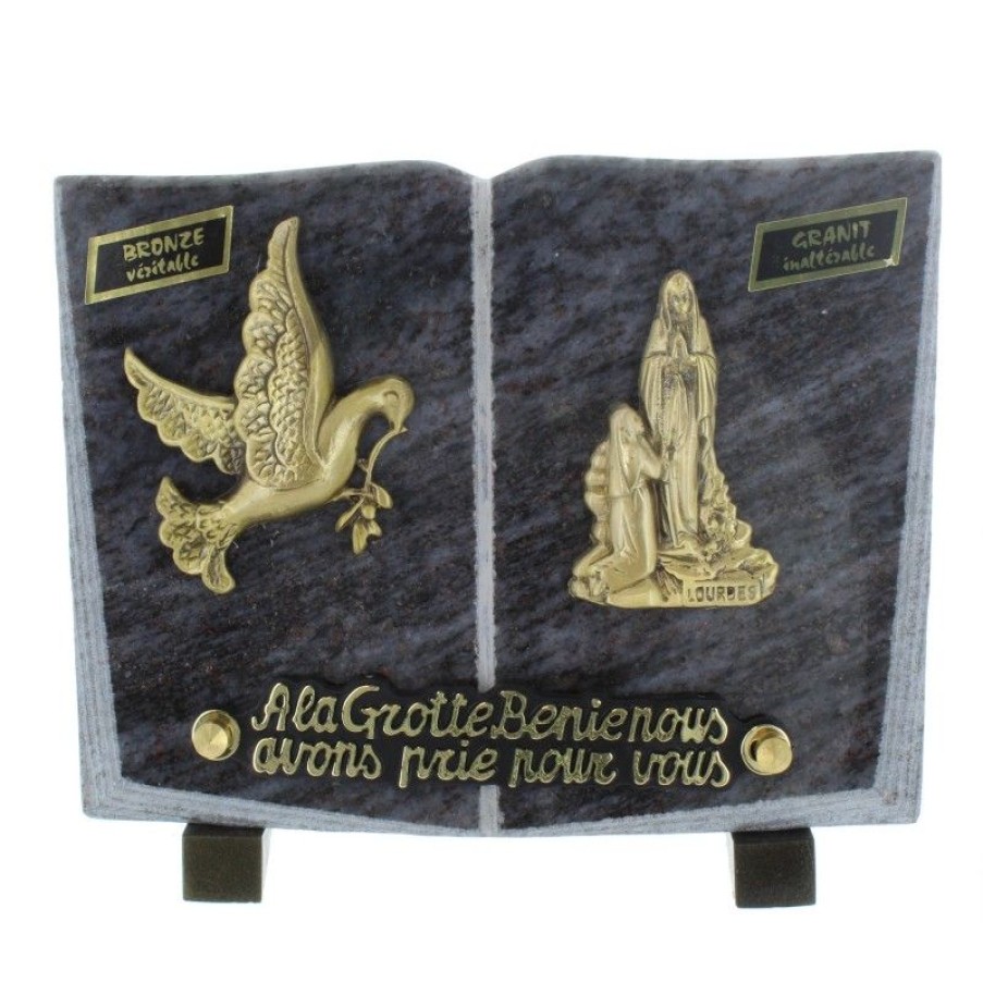 Palais du Rosaire Plaque Funeraire | Plaque Funeraire En Granit En Forme De Livre Avec Des Sujets En Bronze 20X15Cm