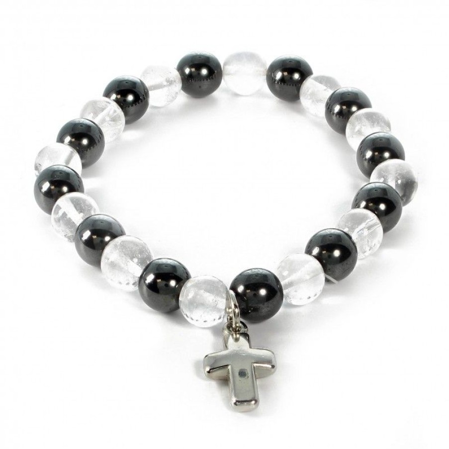 Palais du Rosaire Bracelet Fantaisie | Bracelet En Pierres Naturelles D'Hematite Et Cristal Avec Croix