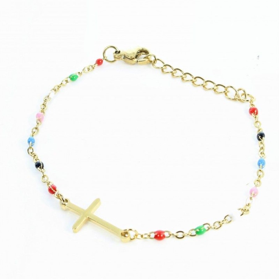Palais du Rosaire Bracelet Fantaisie | Bracelet Dore Avec Croix Et Perle Multicolores