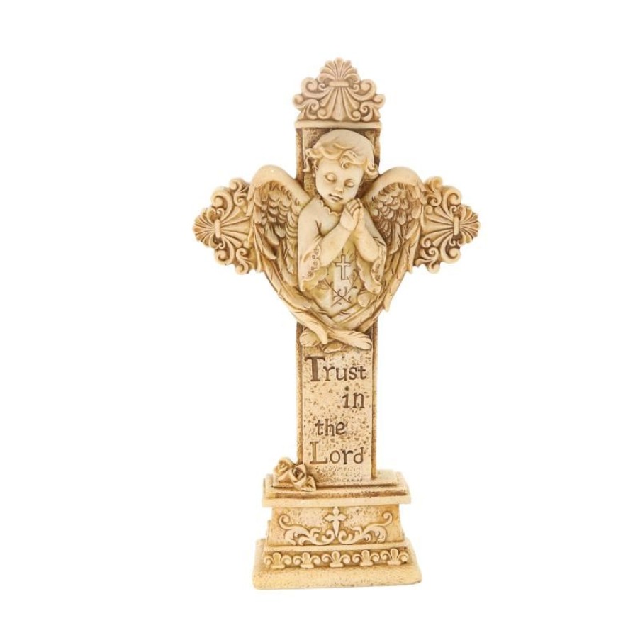 Palais du Rosaire Crucifix Resine | Croix Pied Avec Ange 21Cm En Pierre Et Resine Beige