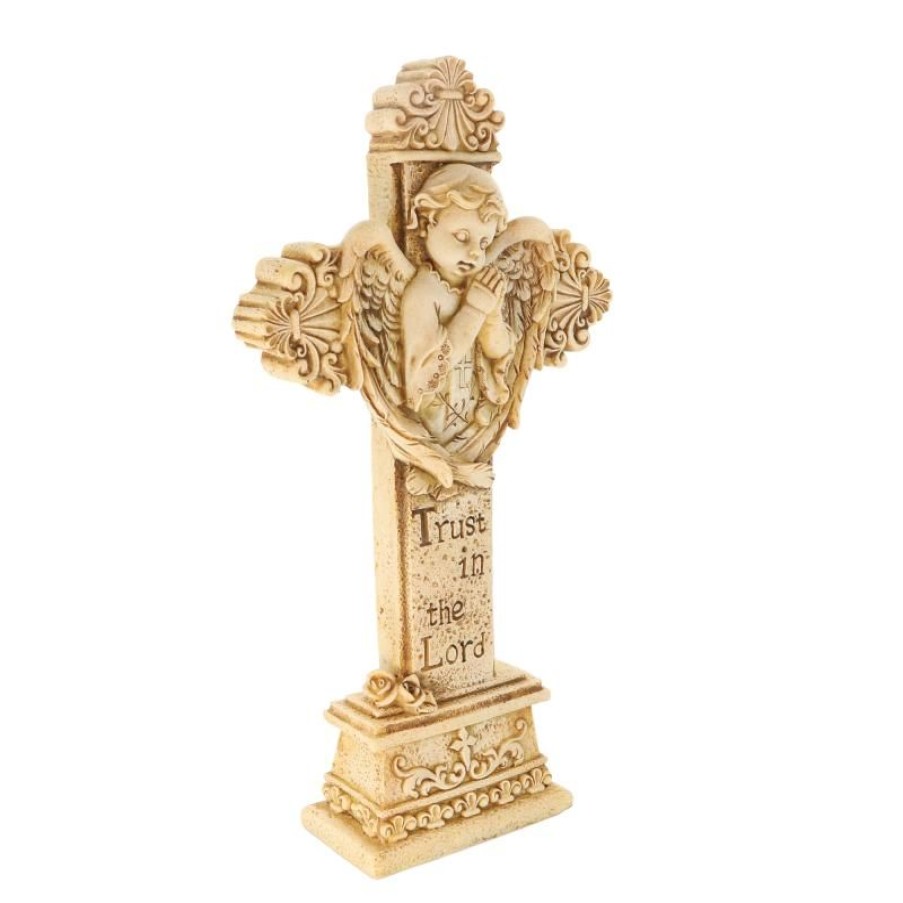 Palais du Rosaire Crucifix Resine | Croix Pied Avec Ange 21Cm En Pierre Et Resine Beige