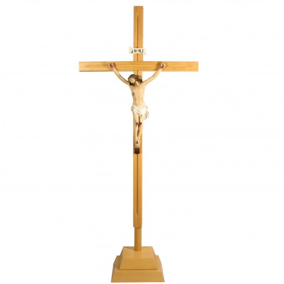 Palais du Rosaire Statue De Grande Taille | Crucifix Sur Pied En Bois Avec Christ En Resine 83Cm