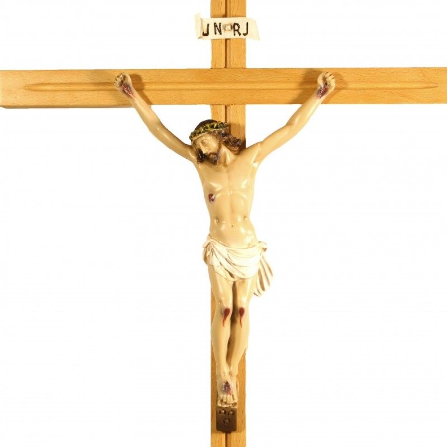 Palais du Rosaire Statue De Grande Taille | Crucifix Sur Pied En Bois Avec Christ En Resine 83Cm