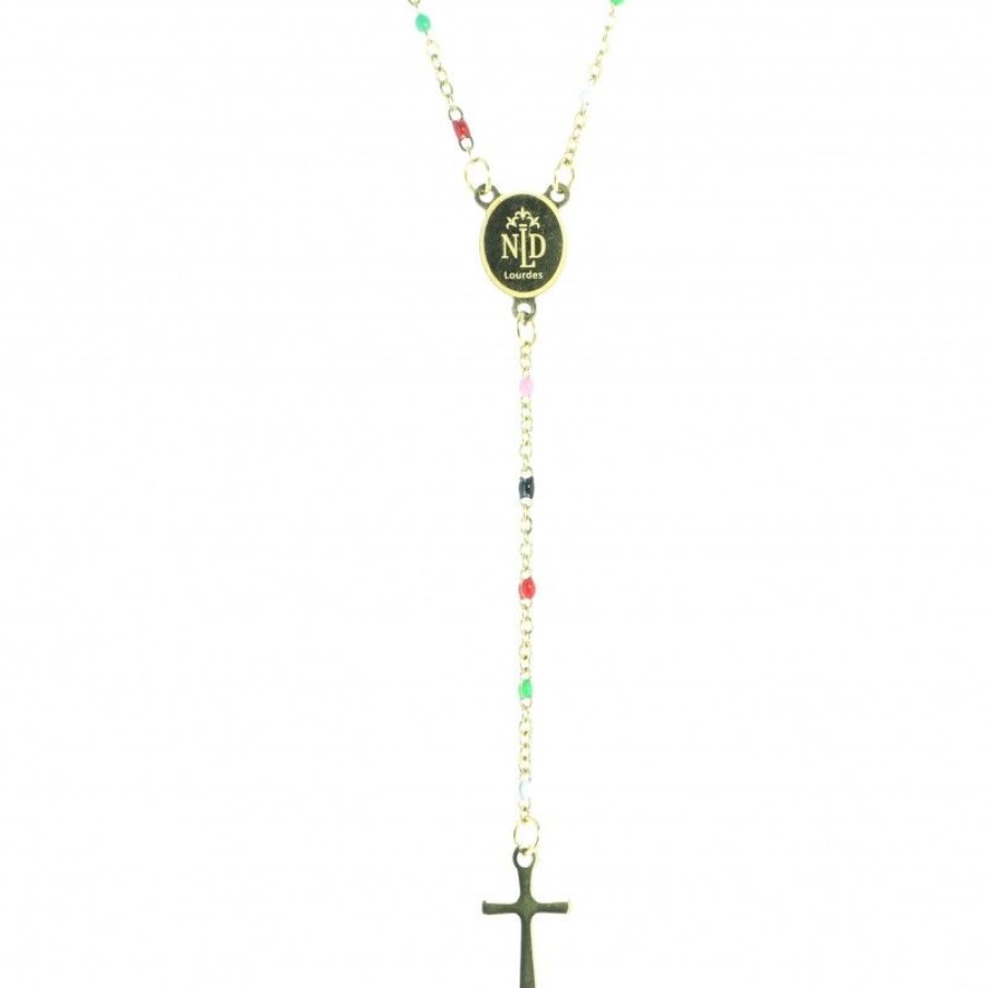 Palais du Rosaire Collier Fantaisie | Collier Chapelet Dore De Lourdes Avec Grains Multicolors
