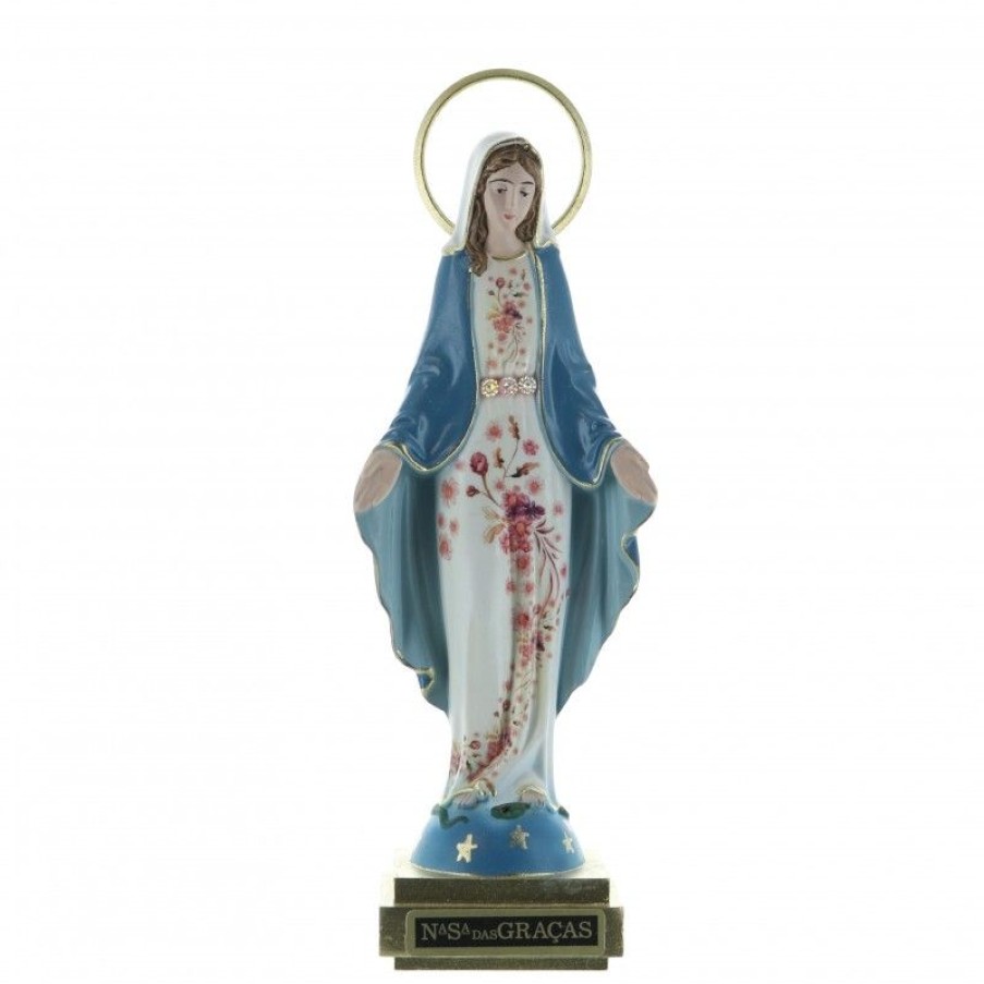 Palais du Rosaire Statue Vierge Miraculeuse | Statue De La Vierge Miraculeuse En Resine Robe Fleurie Et Manteau Bleu 16Cm