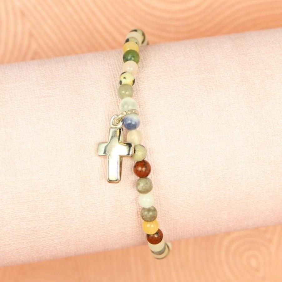 Palais du Rosaire Bracelet Fantaisie | Bracelet Elastique En Pierres Naturelles Et Croix