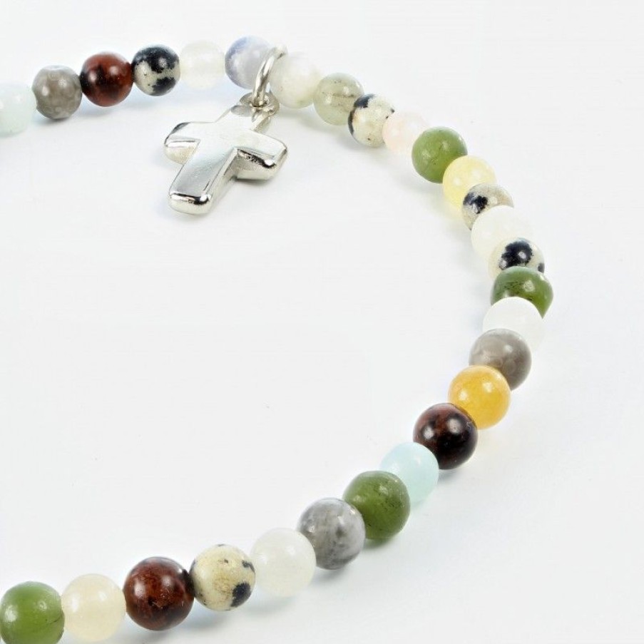 Palais du Rosaire Bracelet Fantaisie | Bracelet Elastique En Pierres Naturelles Et Croix