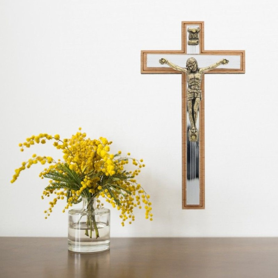 Palais du Rosaire Crucifix Metal | Croix Du Christ En Bronze Et En Bois Sur Fond Miroir 12Cm