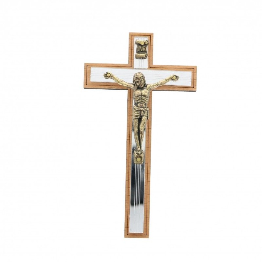 Palais du Rosaire Crucifix Metal | Croix Du Christ En Bronze Et En Bois Sur Fond Miroir 12Cm