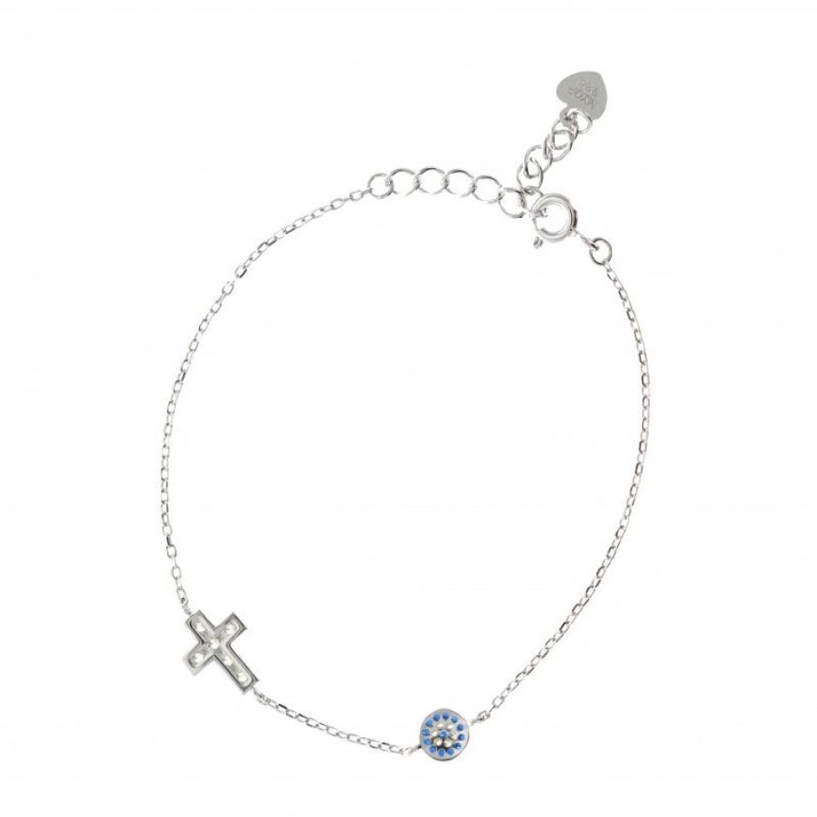 Palais du Rosaire Bracelet Argent | Bracelet En Argent Avec Une Croix Et Un Rond Bleu Et Blanc Avec Strass