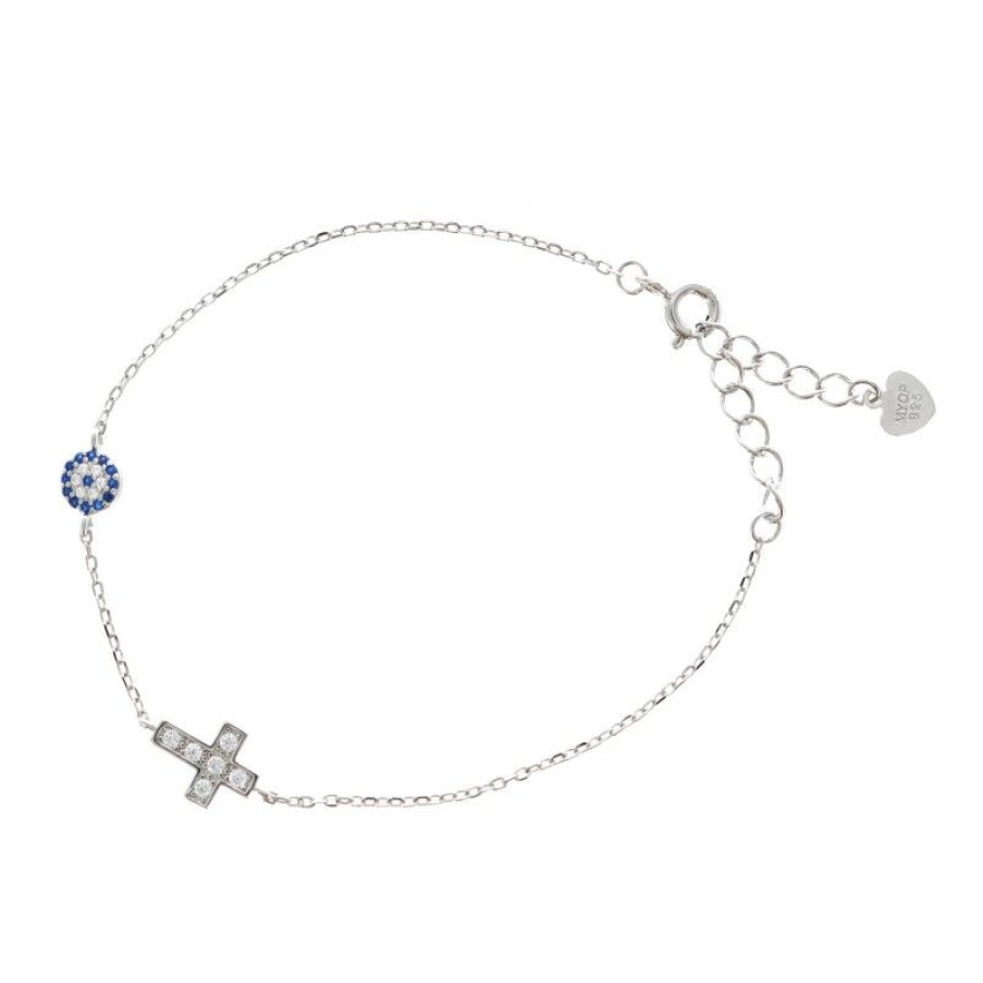 Palais du Rosaire Bracelet Argent | Bracelet En Argent Avec Une Croix Et Un Rond Bleu Et Blanc Avec Strass
