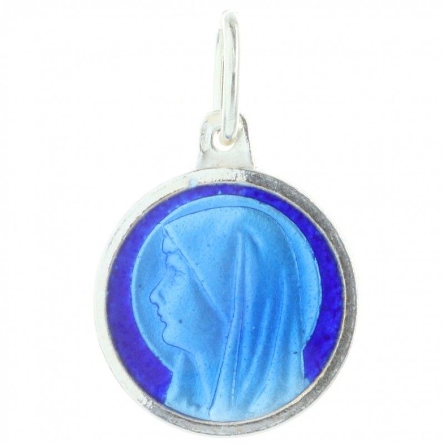 Palais du Rosaire Medaille Et Croix Argent | Medaille Argent De La Vierge Marie Emaillee Bleue