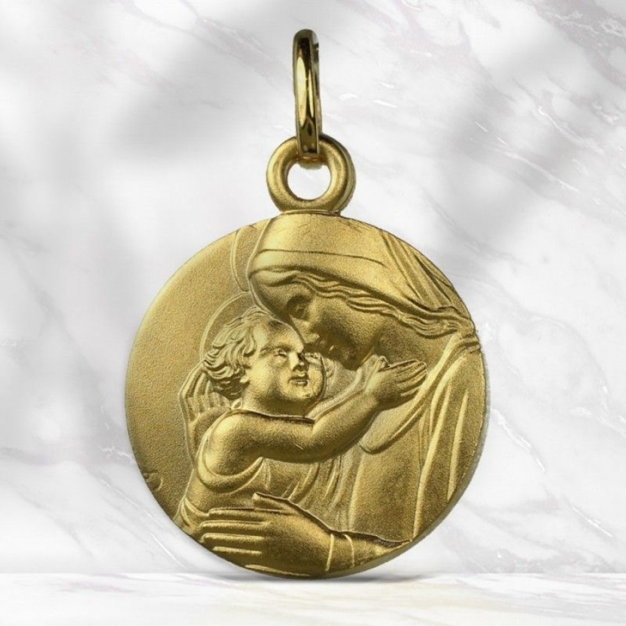 Palais du Rosaire Medaille Et Croix Plaque Or | Medaille Ronde Vierge A L'Enfant Jesus En Plaque Or 15Mm