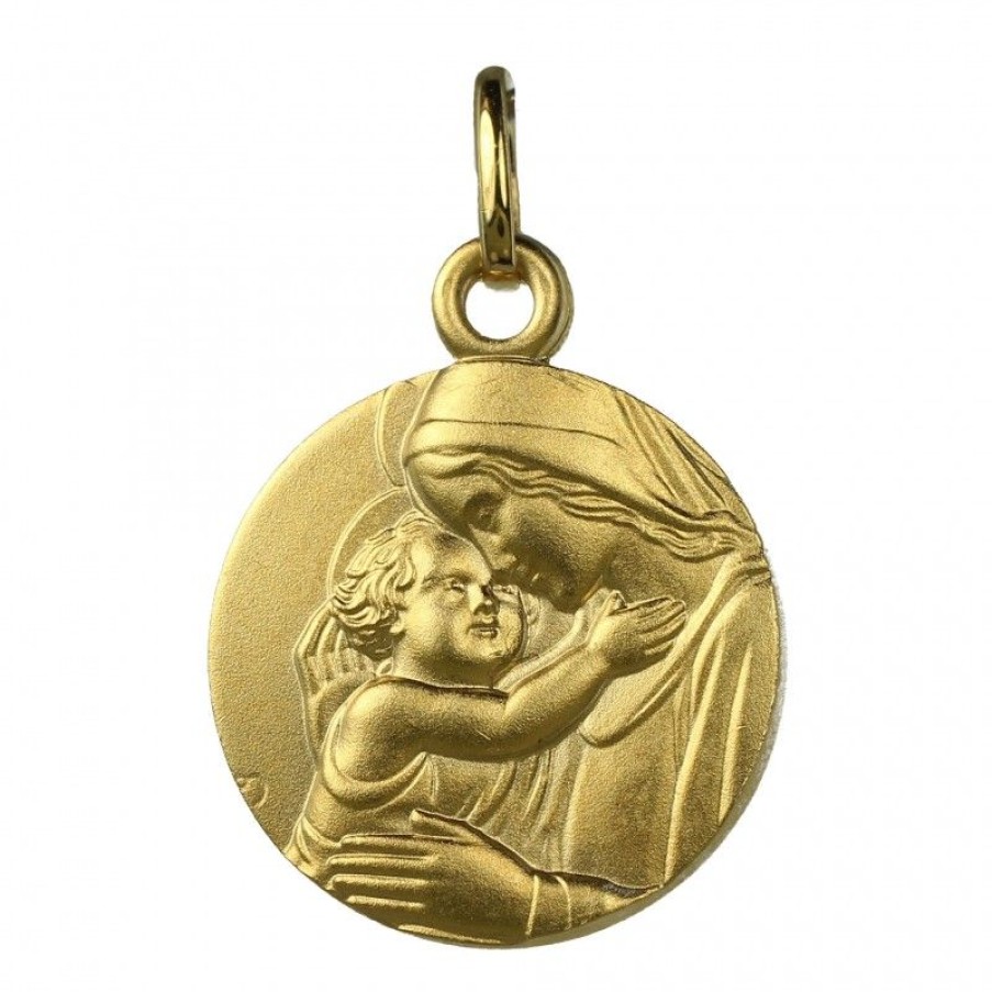 Palais du Rosaire Medaille Et Croix Plaque Or | Medaille Ronde Vierge A L'Enfant Jesus En Plaque Or 15Mm