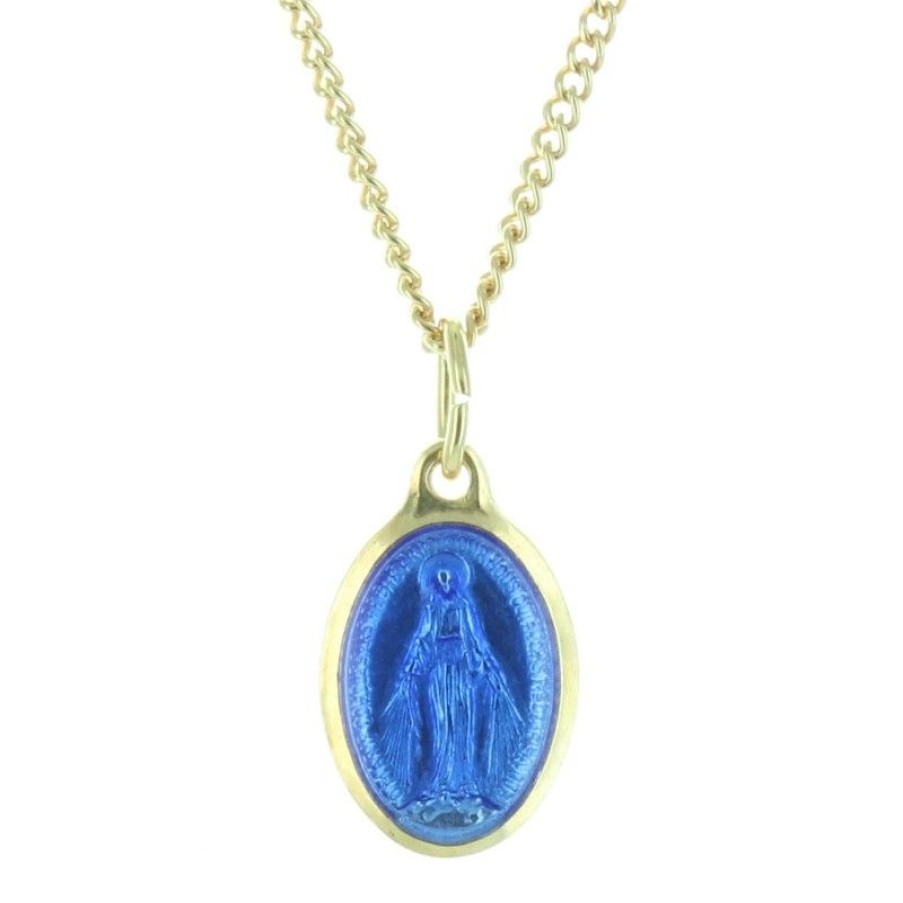 Palais du Rosaire Medaille Et Croix Metal | Parure Doree Medaille De La Vierge Miraculeuse Bleutee Et Chaine De 50Cm