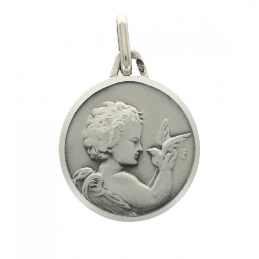 Palais du Rosaire Medaille Et Croix Argent | Medaille En Argent D'Un Ange Avec Une Colombe 16Mm