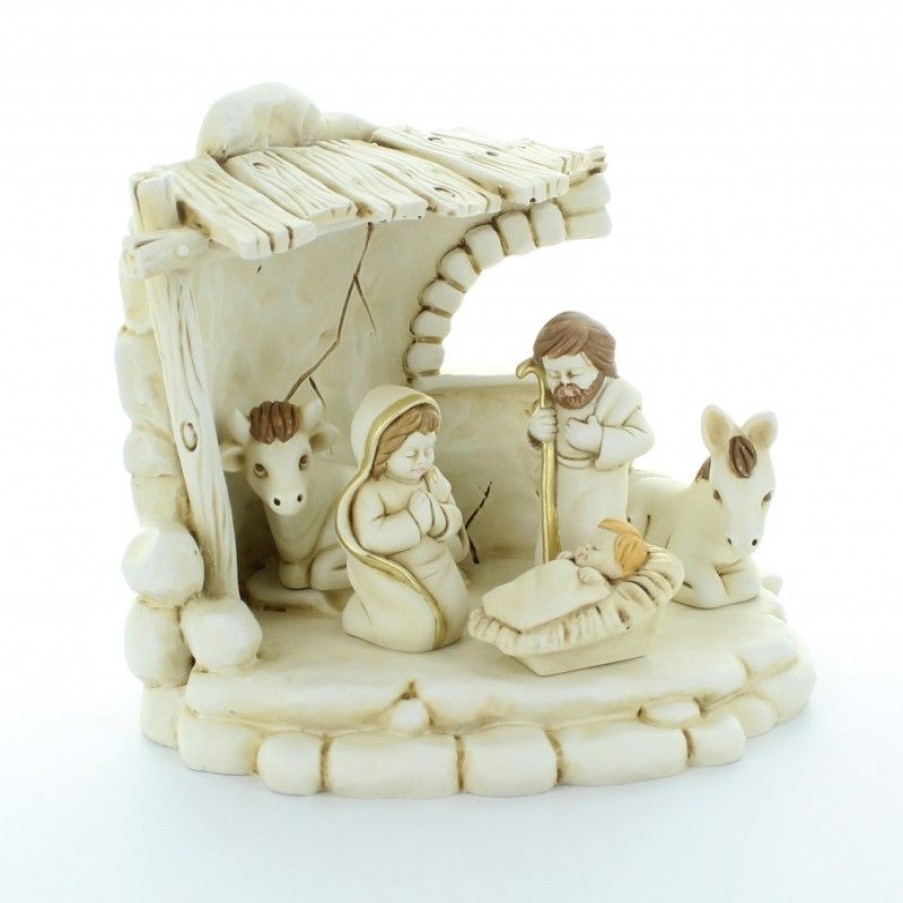 Palais du Rosaire Creche | Creche Blanche Et Doree En Resine 18 Cm