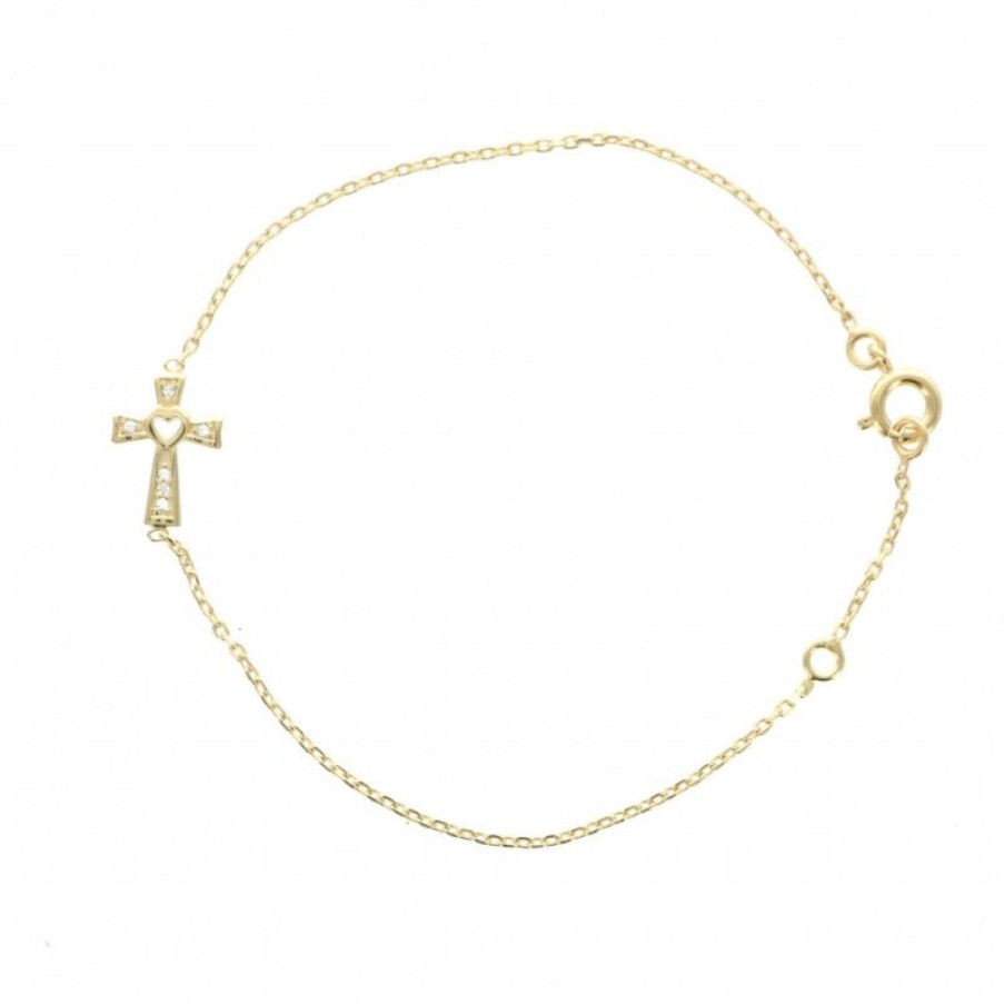 Palais du Rosaire Bracelet Plaque Or | Bracelet En Plaque Or Avec Croix Strass Et Coeur Ajoure