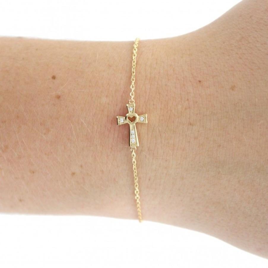 Palais du Rosaire Bracelet Plaque Or | Bracelet En Plaque Or Avec Croix Strass Et Coeur Ajoure