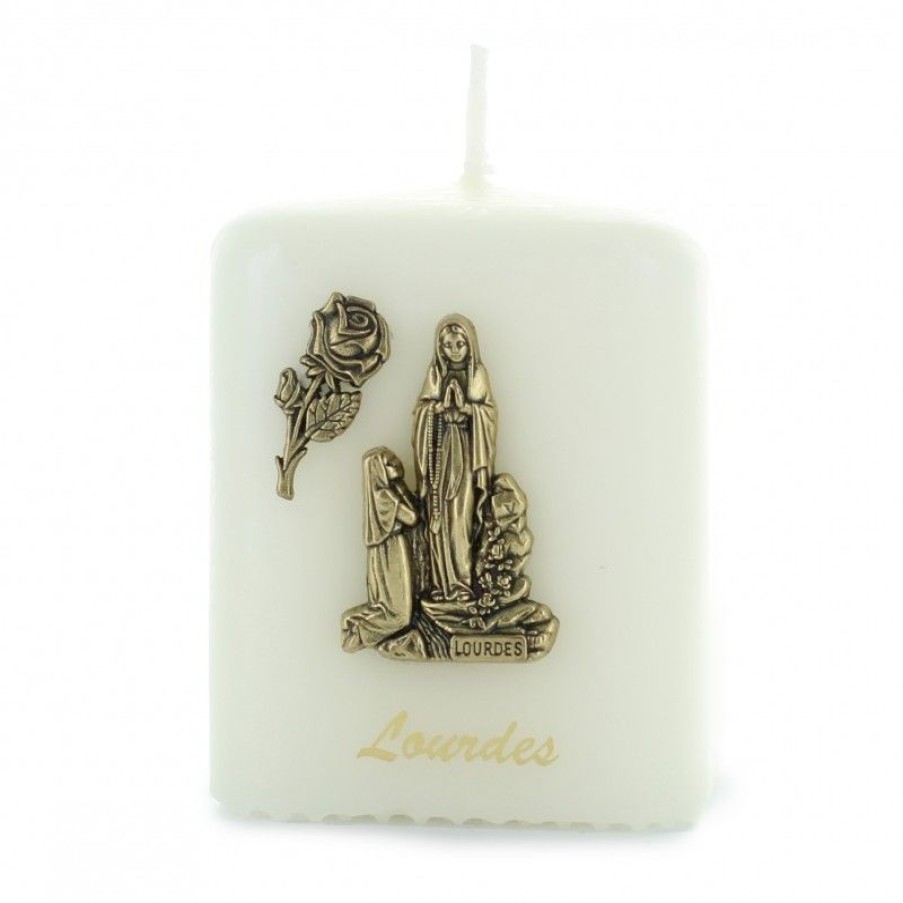 Palais du Rosaire Bougie Decorative | Bougie Cubique Avec L'Apparition De Lourdes En Metal Dore