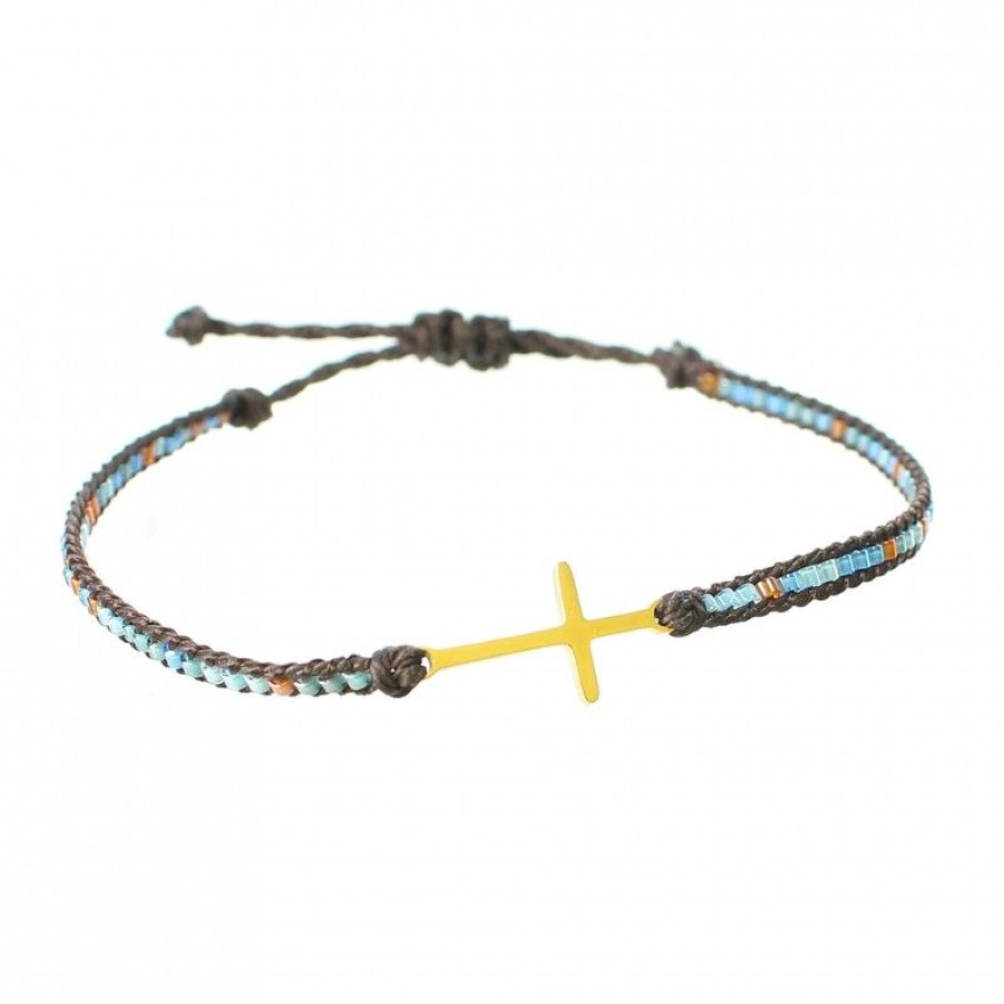 Palais du Rosaire Bracelet Fantaisie | Bracelet En Corde Et Perle Avec Une Croix Doree