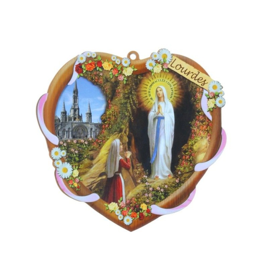 Palais du Rosaire Cadre Religieux | Cadre Religieux En Bois Forme De Coeur Apparition De Lourdes 14,5 X 13,5 Cm