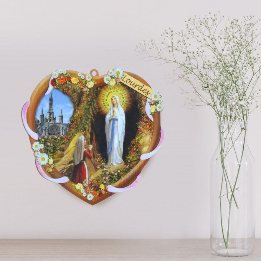 Palais du Rosaire Cadre Religieux | Cadre Religieux En Bois Forme De Coeur Apparition De Lourdes 14,5 X 13,5 Cm