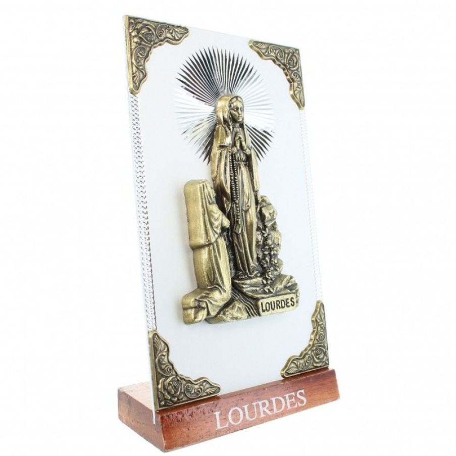 Palais du Rosaire Cadre Religieux | Cadre A Poser De L'Apparition De Lourdes Doree Sur Plaque Argentee 7,5X14Cm