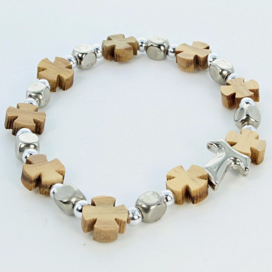 Palais du Rosaire Bracelet Fantaisie | Bracelet Elastique Avec Perles En Bois D'Olivier Et Croix