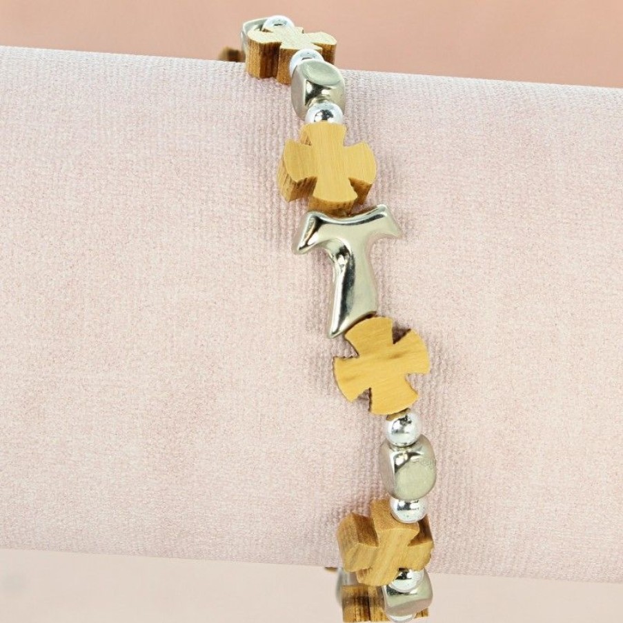 Palais du Rosaire Bracelet Fantaisie | Bracelet Elastique Avec Perles En Bois D'Olivier Et Croix