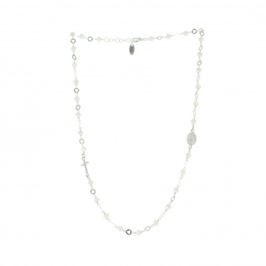 Palais du Rosaire Collier En Argent | Collier Blanc En Argent Avec Perles En Verre, Croix Argent Et Miraculeuse