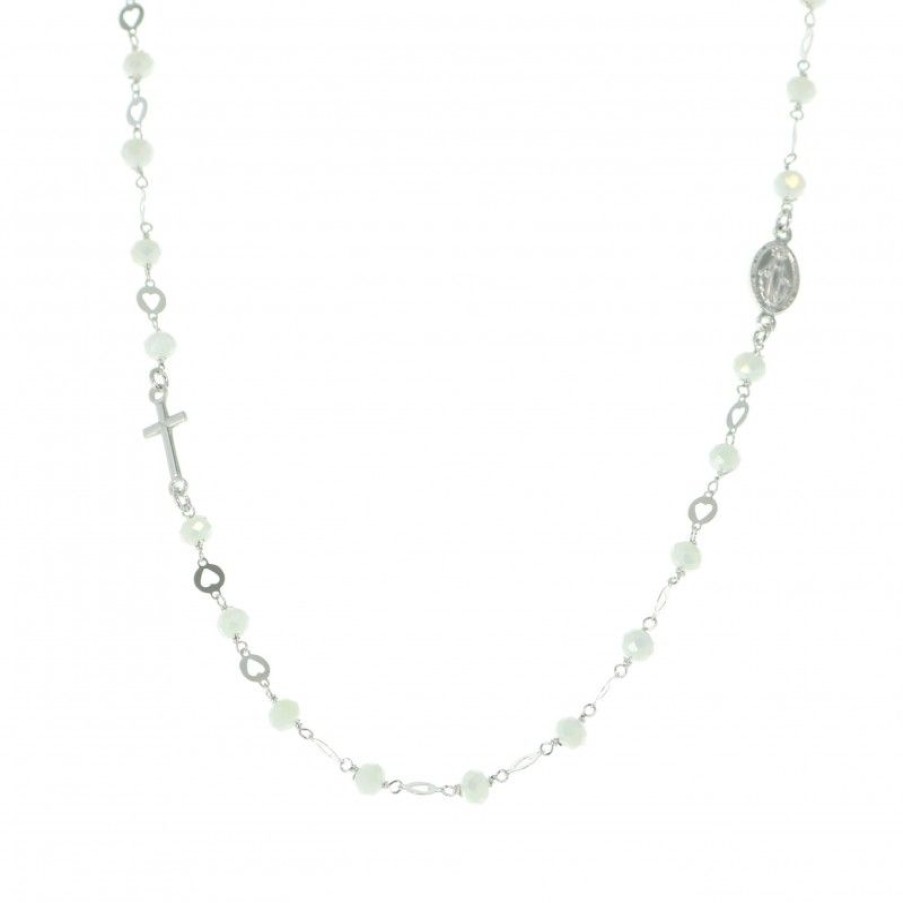 Palais du Rosaire Collier En Argent | Collier Blanc En Argent Avec Perles En Verre, Croix Argent Et Miraculeuse