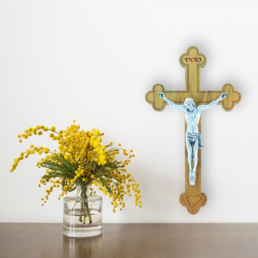 Palais du Rosaire Crucifix Bois | Crucifix Bois Trilobe Et Christ Argente 16 Cm