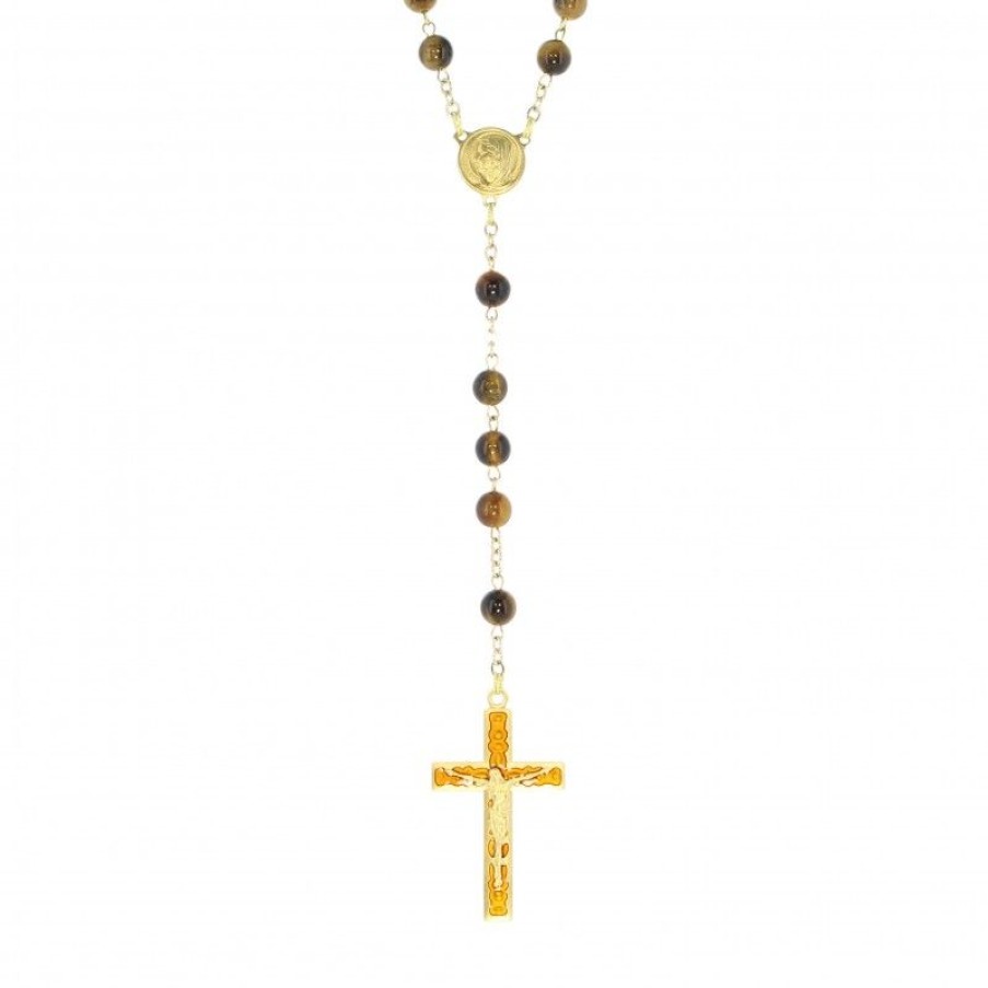 Palais du Rosaire Chapelet Pierre | Chapelet Dore En Pierres Oeil De Tigre 6Mm Avec Croix Emaillee