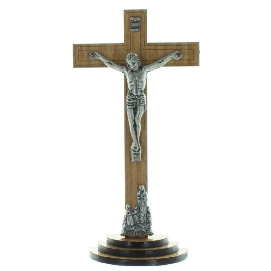 Palais du Rosaire Crucifix Bois | Crucifix Bois A Poser Avec Le Christ Et L'Apparition De Lourdes Argentes 18Cm