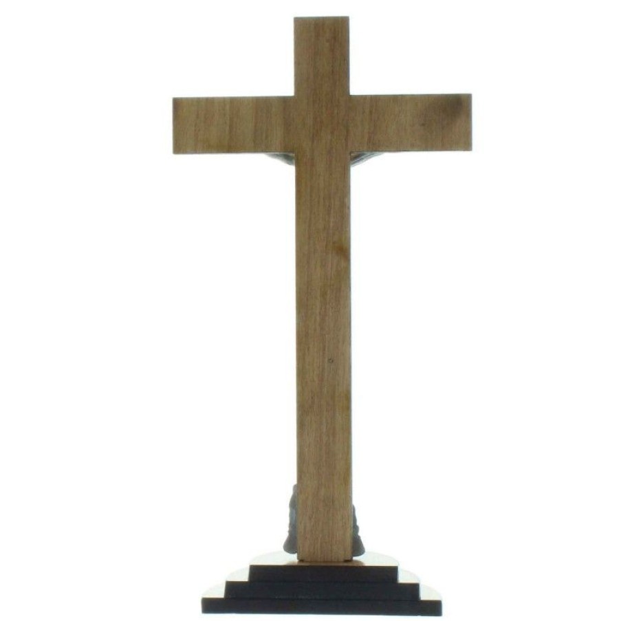 Palais du Rosaire Crucifix Bois | Crucifix Bois A Poser Avec Le Christ Et L'Apparition De Lourdes Argentes 18Cm