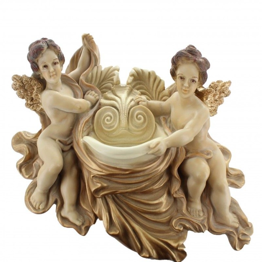 Palais du Rosaire Benitier | Benitier Anges En Resine Doree 32Cm