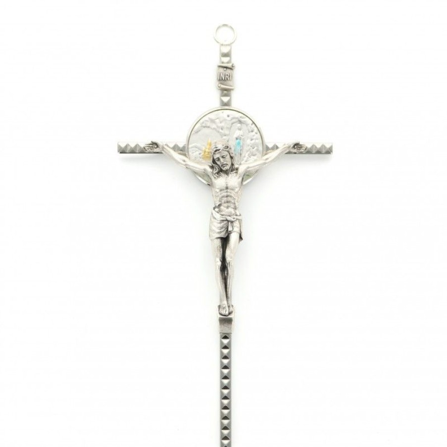 Palais du Rosaire Crucifix Metal | Crucifix En Metal Avec Centre Apparition 17 Cm