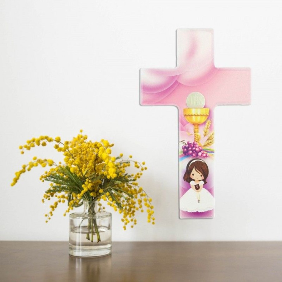 Palais du Rosaire Croix Religieuse | Croix De Communion Rose Pour Fille Decoree D'Un Calice 15 Cm