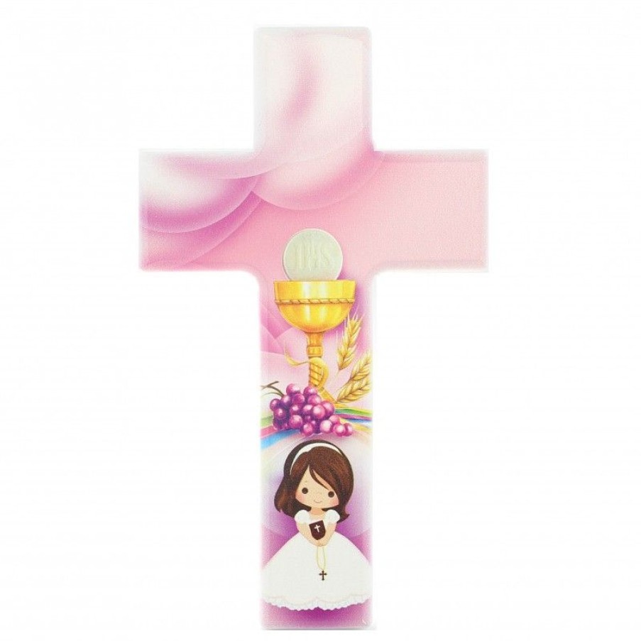 Palais du Rosaire Croix Religieuse | Croix De Communion Rose Pour Fille Decoree D'Un Calice 15 Cm