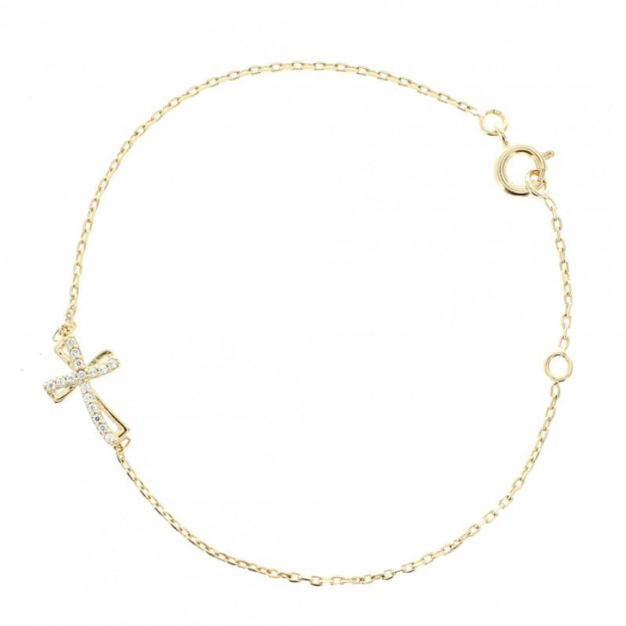 Palais du Rosaire Bracelet Plaque Or | Bracelet En Plaque Or Avec Croix Ajouree En Strass Et Fermoir