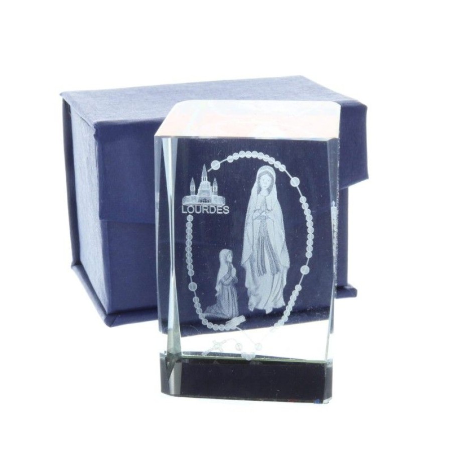 Palais du Rosaire Verre Grave | Verre Grave Laser 3D Reflets Colores, Apparition De Lourdes Et Chapelet 6 Cm