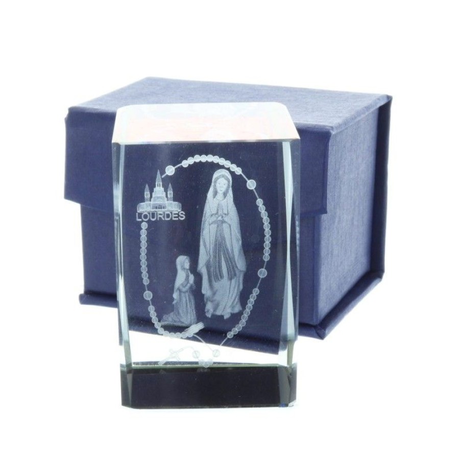 Palais du Rosaire Verre Grave | Verre Grave Laser 3D Reflets Colores, Apparition De Lourdes Et Chapelet 6 Cm