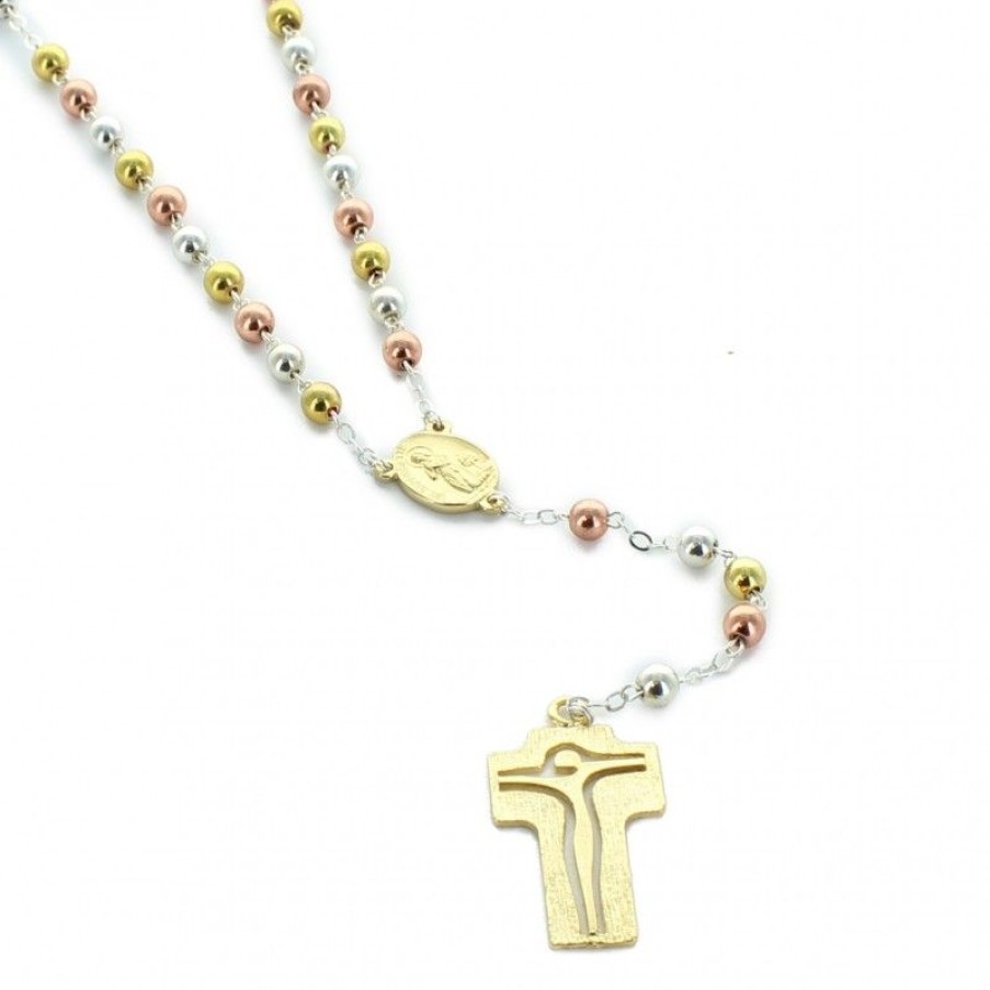 Palais du Rosaire Chapelet Metal | Chapelet En Metal 3 Tons Avec Large Croix Doree