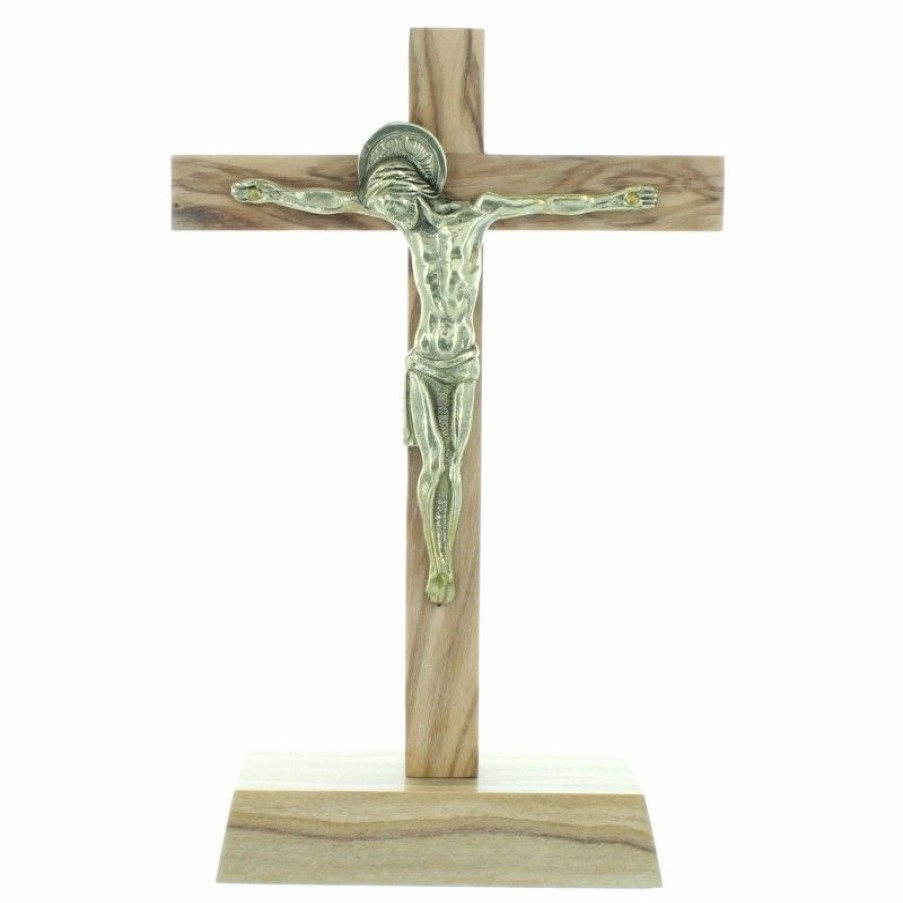 Palais du Rosaire Crucifix Bois | Crucifix Sur Socle En Bois D'Olivier Avec Le Christ En Bronze 13,5Cm