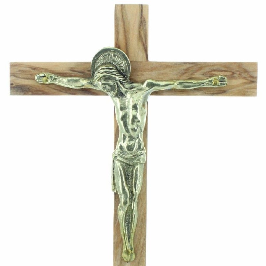 Palais du Rosaire Crucifix Bois | Crucifix Sur Socle En Bois D'Olivier Avec Le Christ En Bronze 13,5Cm