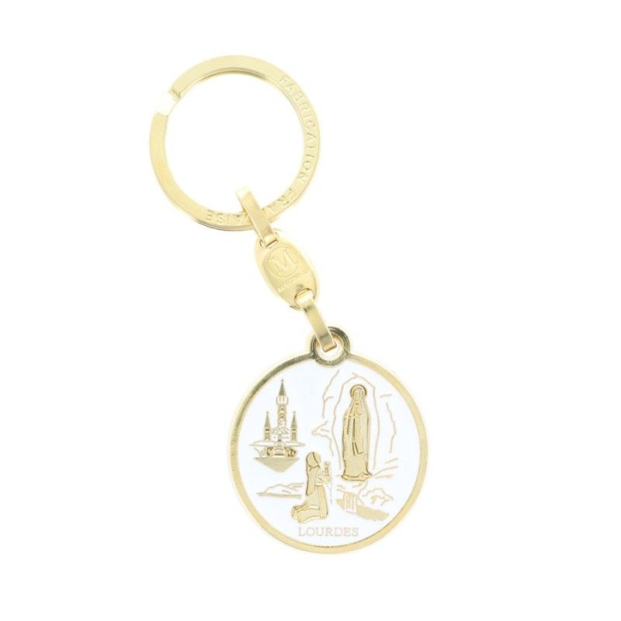 Palais du Rosaire Porte&Cles | Porte Cle Rond De L'Apparition De Lourdes En Metal Dore Emaille Blanc