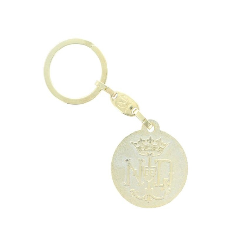 Palais du Rosaire Porte&Cles | Porte Cle Rond De L'Apparition De Lourdes En Metal Dore Emaille Blanc